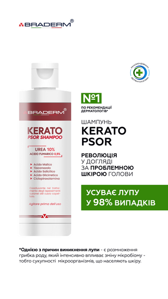 Шампунь від лупи та себорейного дерматиту з сечовиною Braderm Kerato Psor Shampoo 150 мл BDKERATOSH фото